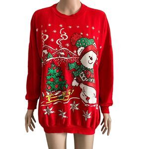 Linda Lori New York Sweatshirt Womens One Size XL Red Christmas Teddy Bear
